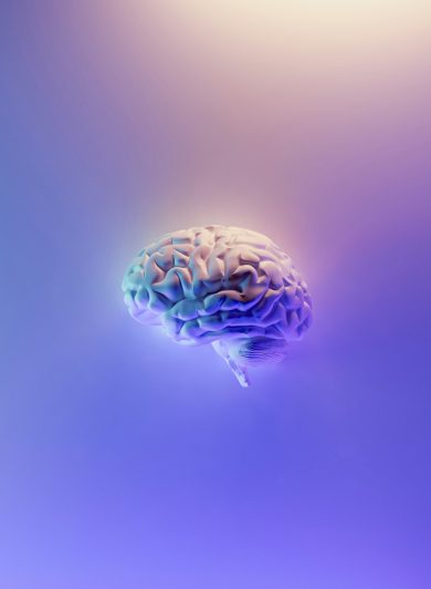 Iridescent brain render on a blue and purple background